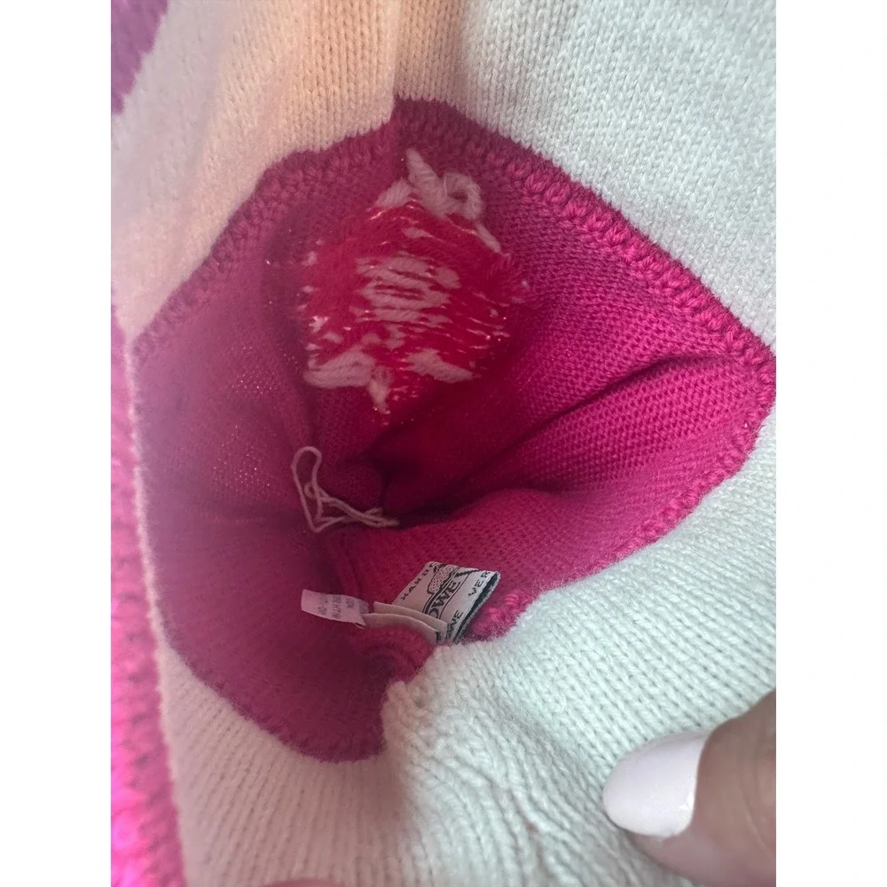 Vintage Stowe Woolens Pink 100% Wool Beanie Hat Pom Pom Stoweflake Vermont USA